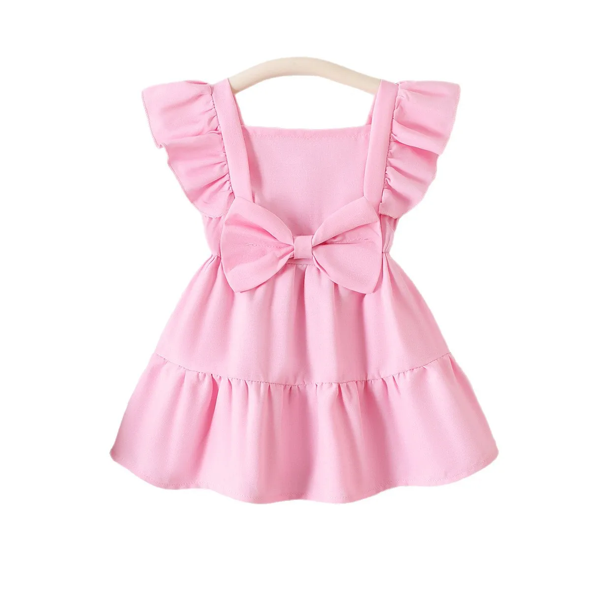 Summer Girls Vest Dress Pink Big Bow Flutter Sleeve Sweet Sleeveless Dress Kids Clothing for 6M-3Y