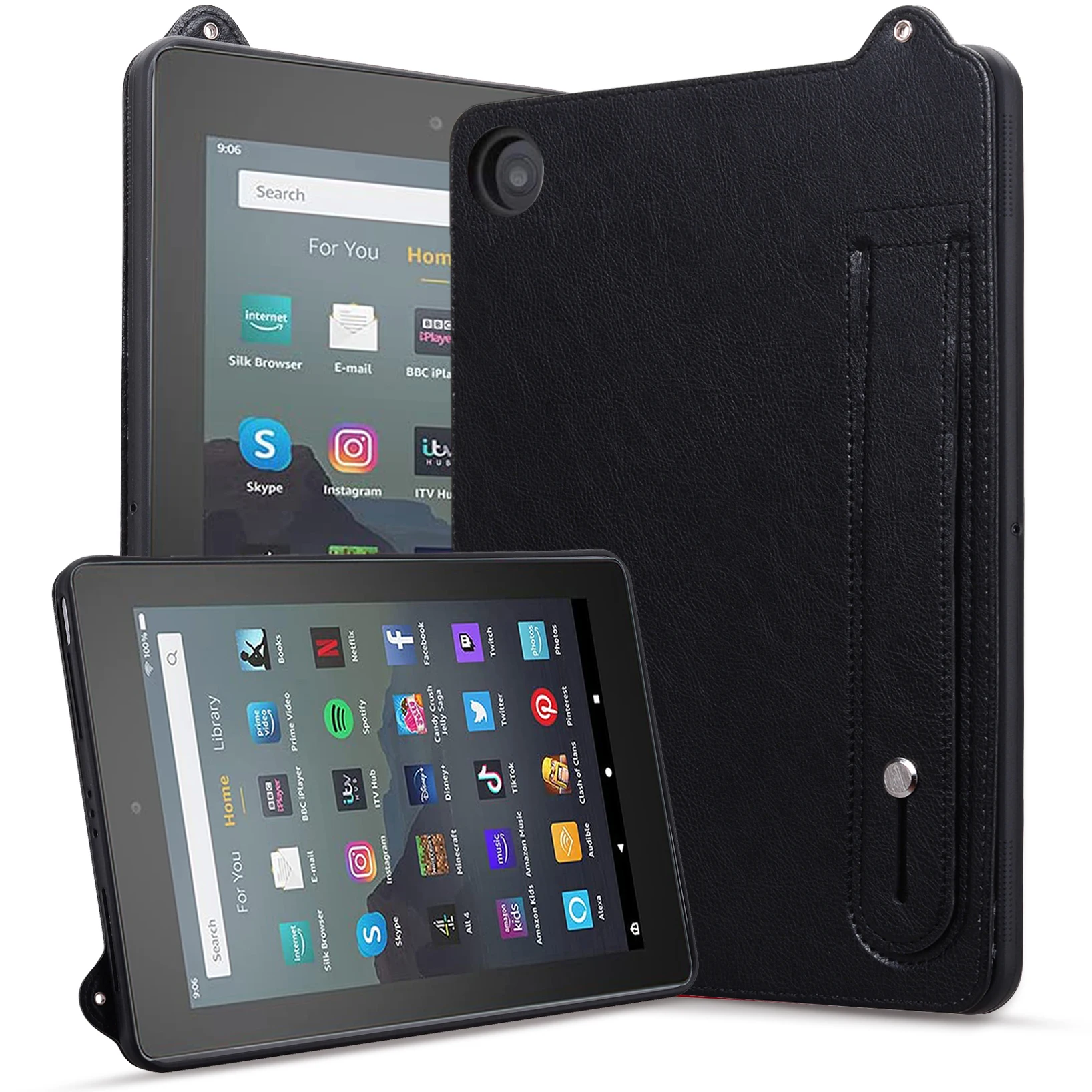 غطاء خلفي واقٍ للكمبيوتر من مادة TPU + الجلد لهاتف Amazon Fire HD 8 8.0 بوصة لمنع السقوط وحزام المعصم وغطاء حماية للكمبيوتر اللوحي
