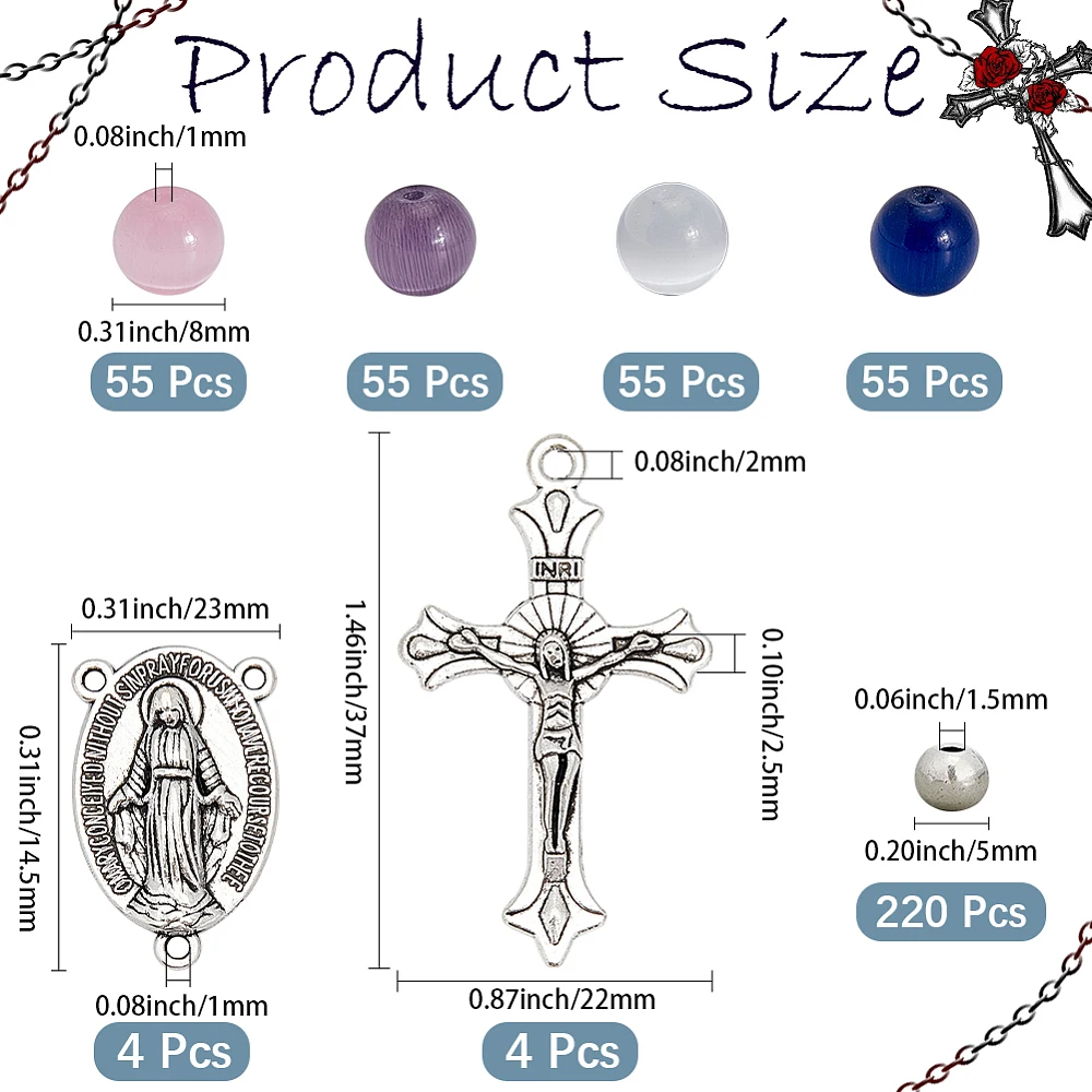 448Pcs Rosary Making Kits Rosary Charms Cross Charm Easter Crucifix Crosses Pendants Chandelier Component Links 8Mm Cat Eye