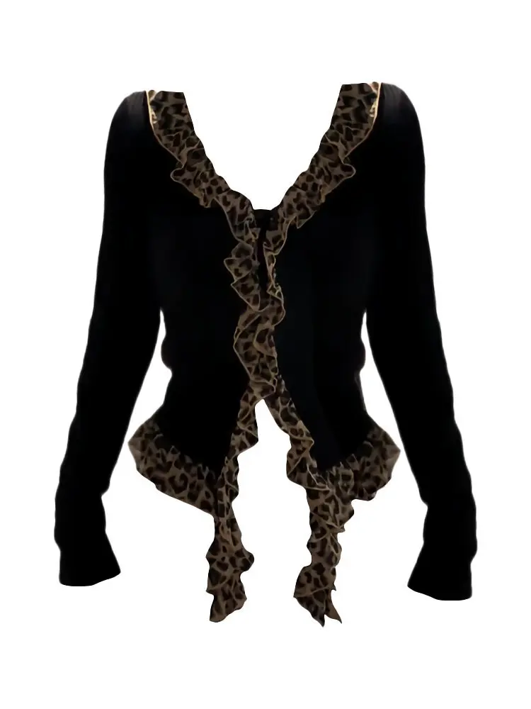 

Plus Size FatMMAmerican Style Leopard Print Patchwork Long SleeveTWomen's Autumn New High-End Desire Top