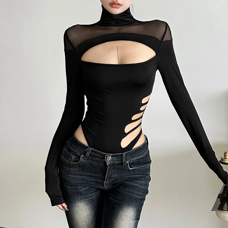 Autumn and winter new women's solid color slim fitting street fashion round neck long sleeved hollow out bodysuits