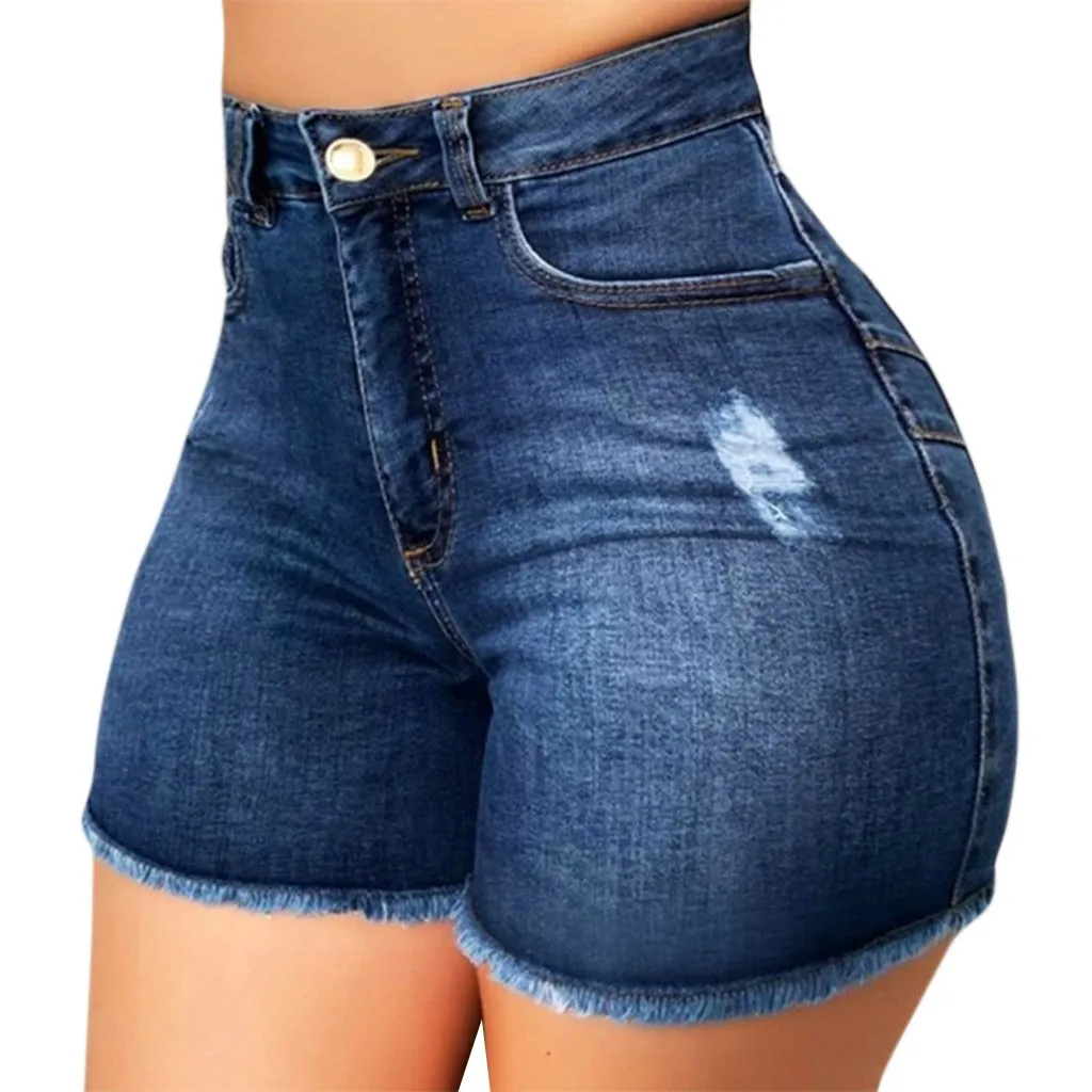 夏用ハイウエストデニムショートパンツ-レディース-フリンジ加工-リップド加工-おしゃれ-カジュアルショートパンツ-その他ブランド製