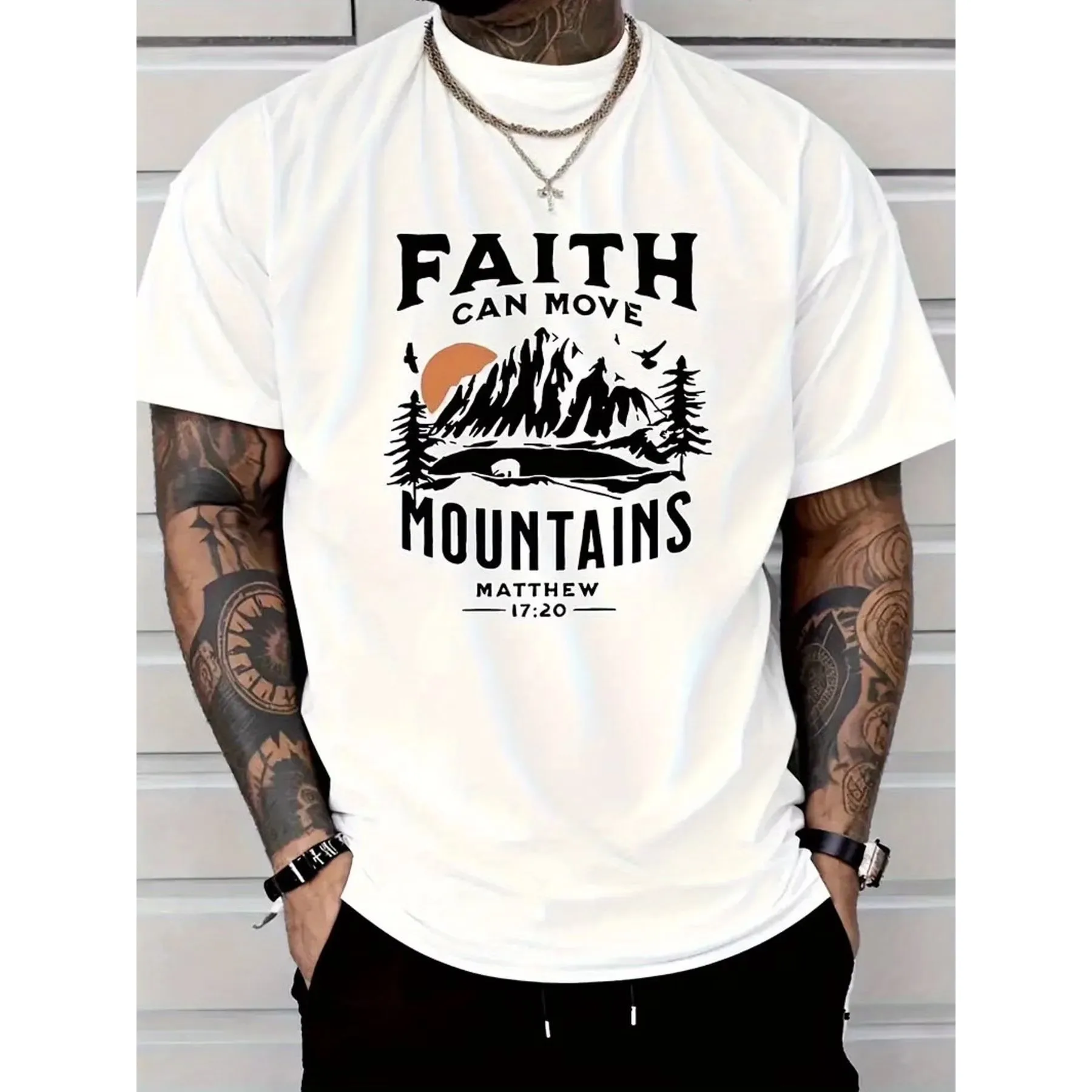 Camiseta gráfica Faith Can Move Mountains para hombre, camiseta informal religiosa con cuello redondo
