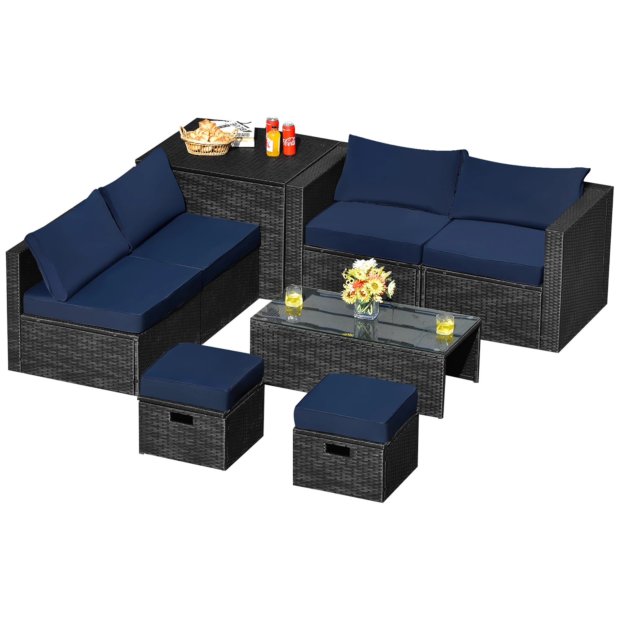 8PCS Patio Rattan Furniture Set Storage Table Ottoman Navy cover