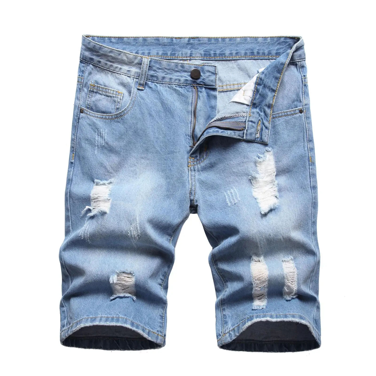 Summer Men Straight Knee Length Simple Basic Casual Trendy Hole Patched Denim Shorts New Fashion American Style Bottom Clothes