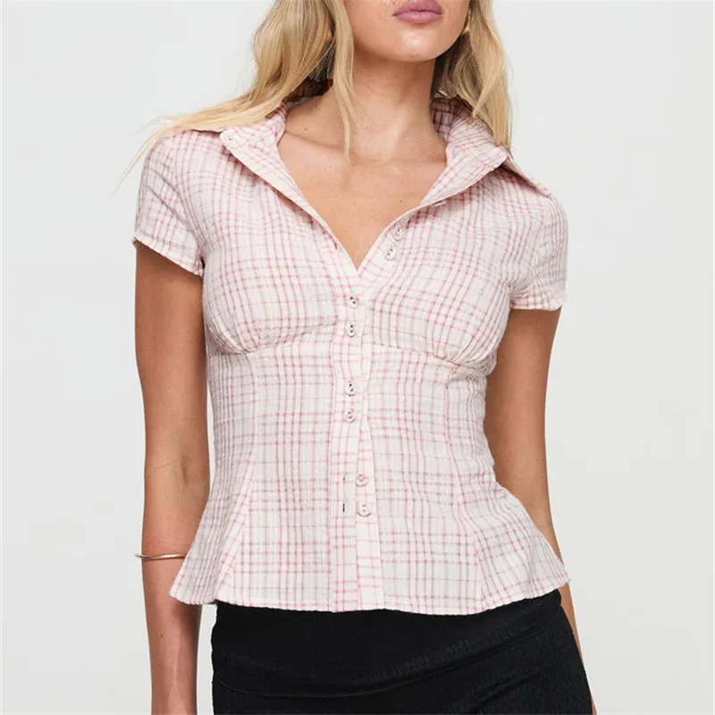 Vrouwen Y2k Esthetische Button-up Shirt Jaren '90 Vintage Cottage Korte Mouw Revers Slim Fit Blouse Fairy Grunge Crop Tops zomer