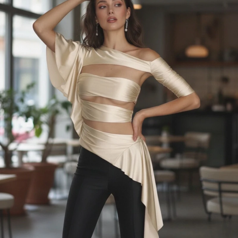 

Tsiisd Sexy Hollow Out T-Shirt Top For Women Slash Collar Lace-Up Fashion Streetwear Irregular Pleats Solid Top Y2k Tee Top 2026