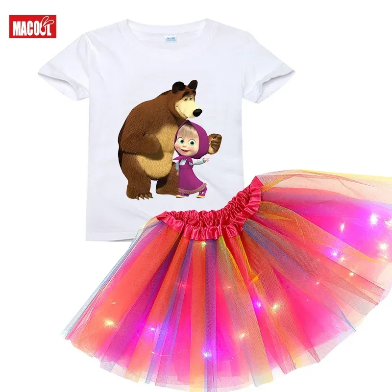 2024 Summer Girls Tutu Dress Set Birthday T Shirt Tutu Dress Girl Kids Dress Set Party Light Christmas Little Girl Costume