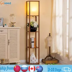 Modern LED Decorative Wooden Loft Floor Lamp Black White Standing Light with Table Storage Shelf for Home Living Room Bedrooms