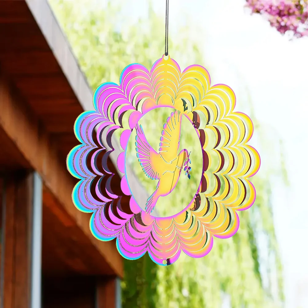 C5 Colorful Pigeon Wind Spinner Hanging 3D Dove of Peace Olive Branch Flowing Whirligigs Wind Catcher Windmills Garden Decor