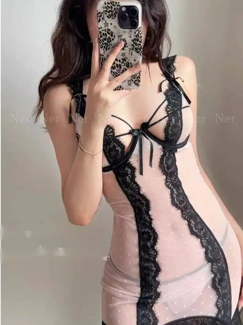 Sexy Neue Strap Nachthemd Spitze Aushöhlen Nachtwäsche Seite Durchsichtiges Kleid Elegante Mesh Spitze Tank Mini Kleid Sheer Koreanische WPD7