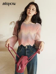 MISHOW Colorful Gradient Sweater Women Sweet O-Neck Flared Sleeve Top Fall French Elegant Short Long Sleeve Knitwear MXD48Z0947