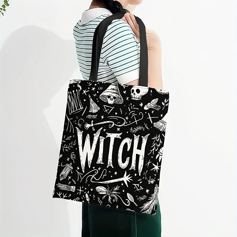 1pc, Halloween Witch and Ghost Skull Print Tote Bag, Stylish Single Shoulder Bag, Perfect for Halloween Festivals