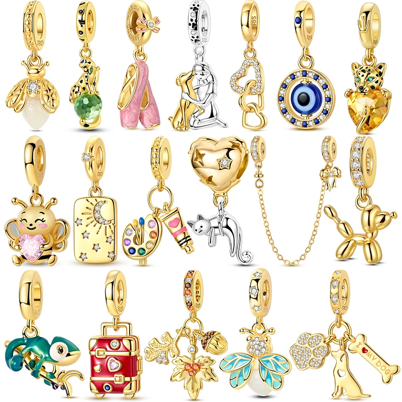 

925 Sterling Silver Golden Charms Plata De Ley CZ Zirconium Luggage Cross Traveling Dangle Bracelet DIY Jewelry Gifts