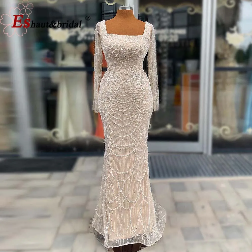 Elegant Mermaid Pearls Evening Dress for Women Dubai Arabic Long Sleeves Plus Size Formal Prom Wedding Party Gowns Customized