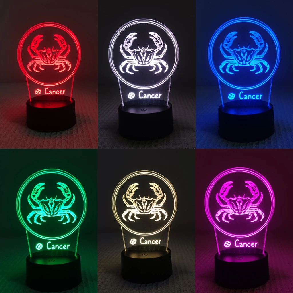 Kanker lampu malam 12 zodiak-akrilik, sakelar 7 warna, kamar tidur & Hadiah