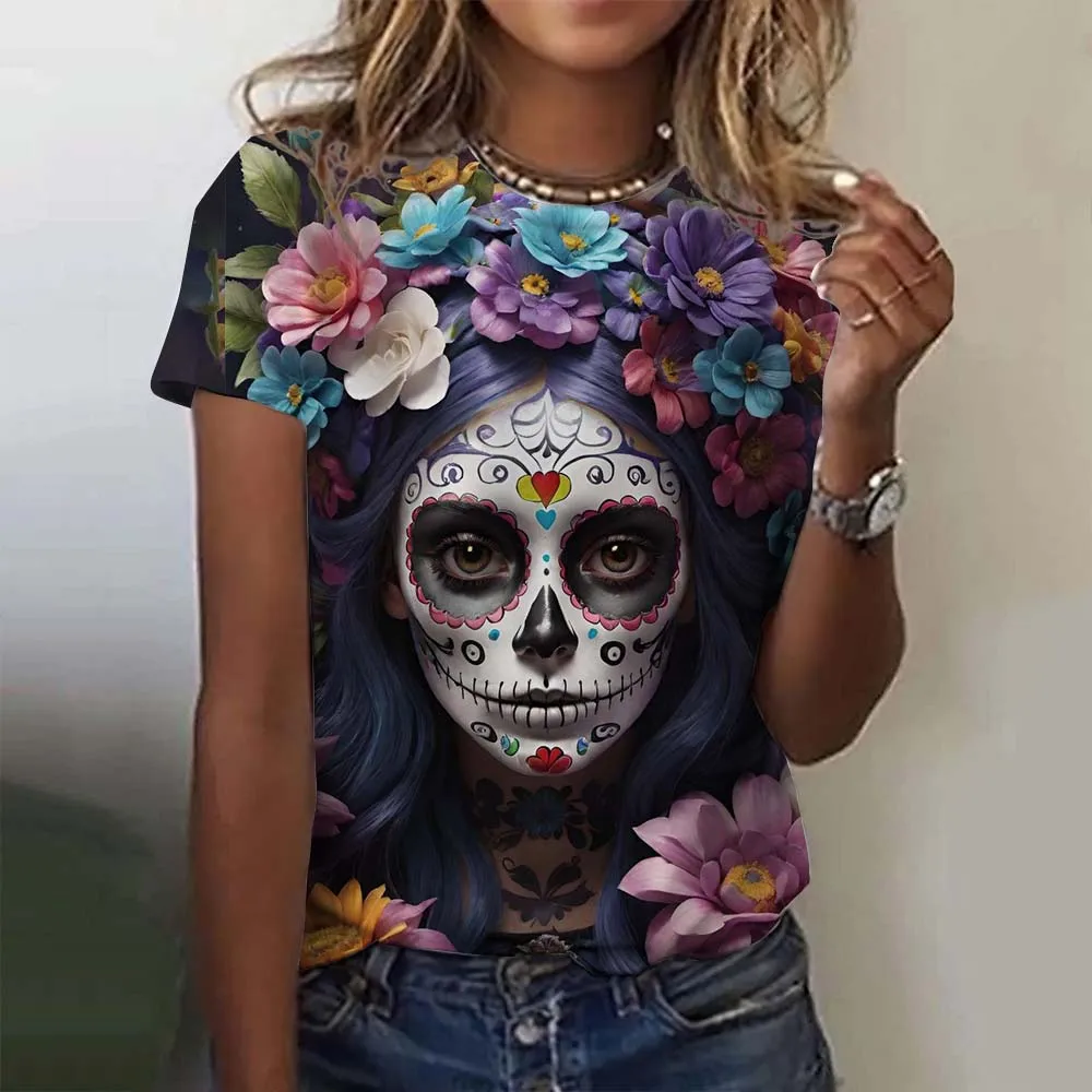 Fashion Women\'s T-shirt for Girls Summer Short Sleeve Casual Sexy Girls Clothes Horror Undead Skull Pattern oversized T-shirts
