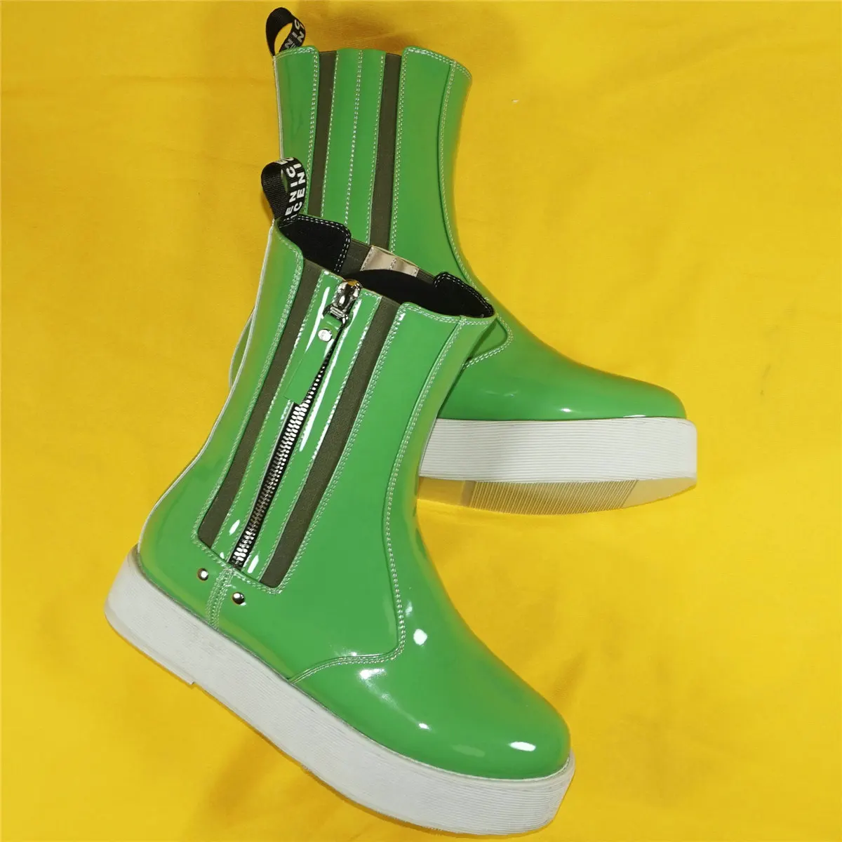 Fashion Sneakers Women Green Patent Leather Flat With Platform Pumps Female High Top Med Heel Round Toe Ankle Boots Casual Shoes