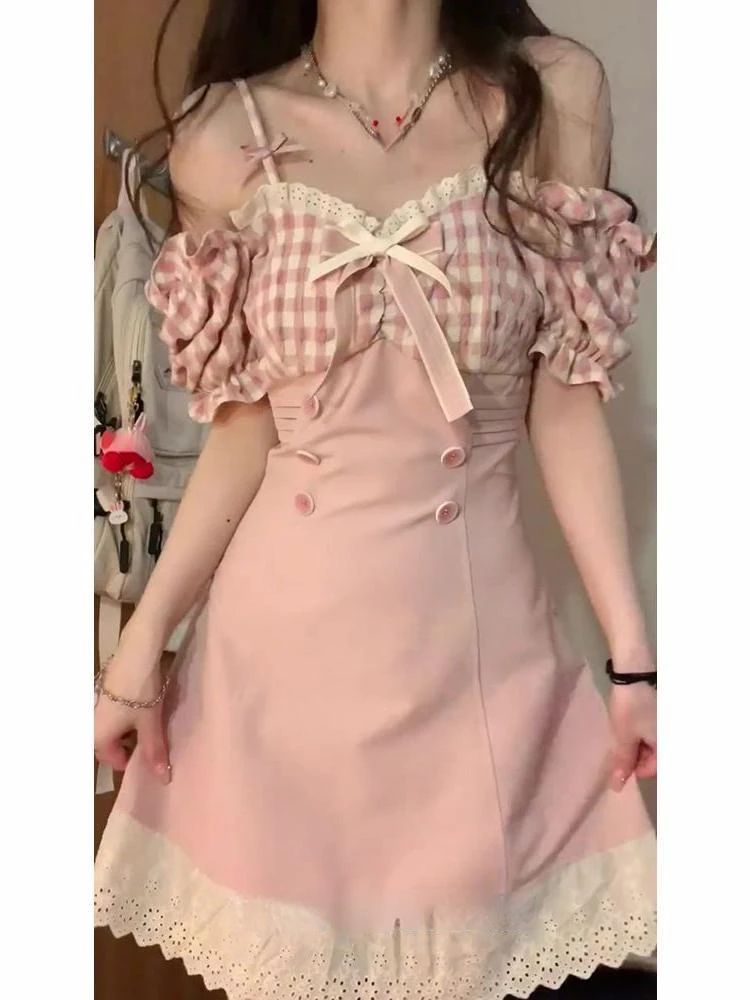 Sweet Pink Plaid Bow Princess Mini Dress Women 2023 Summer Sexy Slim Slash Neck Lace Ruffle Kawaii Y2k Lolita Female Clothing