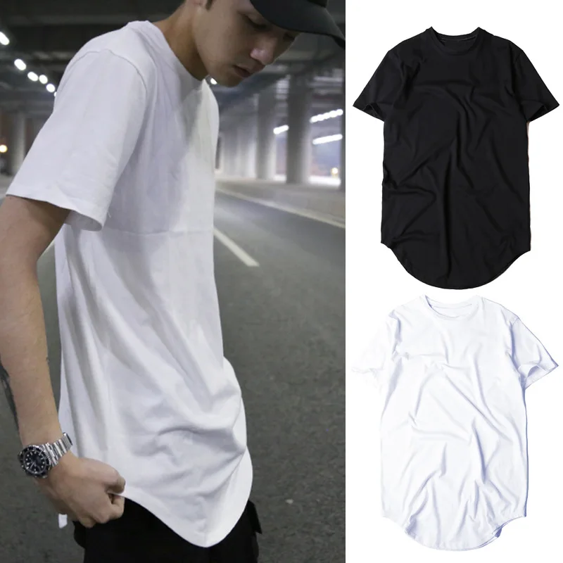 High Street Solid Color Base with Curved Hem, Extended Short Sleeved Loose Hip-hop Style T-shirt Base Top