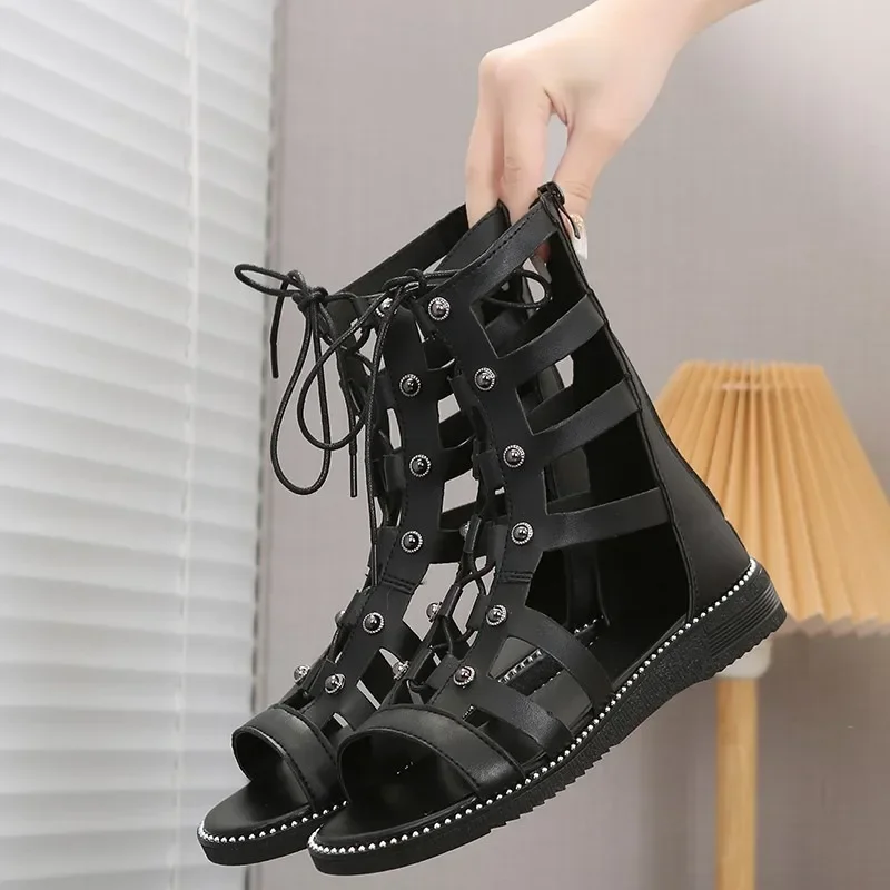 New Hollow Casual Sandalias De Mujer Open Toe Cross Strap Ladies Shoes Wedges Summer Roman Black Sandales Boots Large Size 35-43