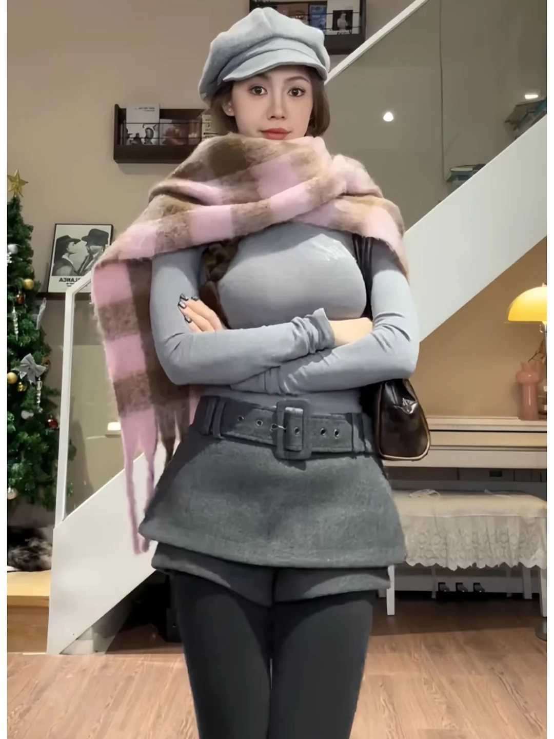 plus Size Women's Grey Woolen  Skirt with Belt High Waist Slimming A-Line Korean Style Early Autumn Winter Fashion
