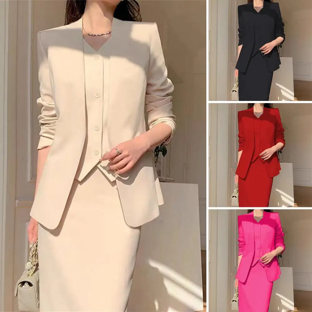 Women Suit Coat Skirt Set Elegant Women\'s Business Suit Set With Long Sleeves Coat High Waist A-line Skirt Formal For Commuting