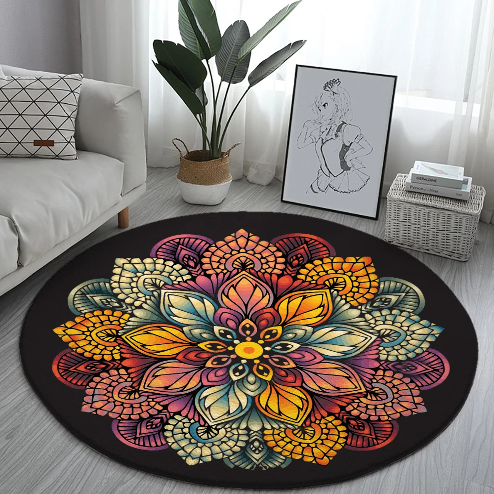 Retro Mandala Flowers Round Rugs Sofa Rug Home Living Room Bedroom Bathroom Floor Mats Print Decorate Carpet