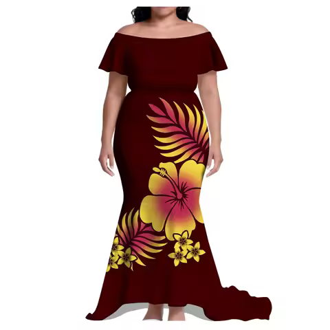Newly Designed One-Shoulder Short-Sleeved Floor-Length Dress For Women Luxurious Evening Dress Polynesian Samoa Cocktail Party
