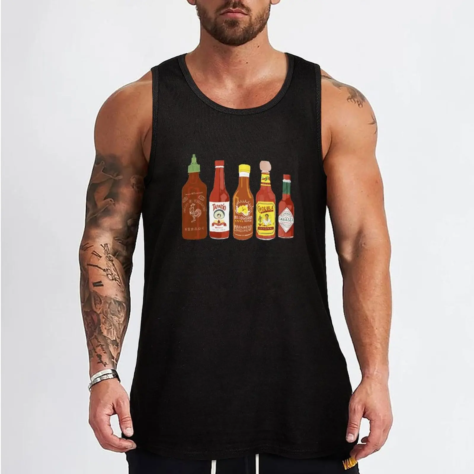 Spicy! Check out these hot sauces on tomato red background Tank Top gym clothes man man vest summer clothes