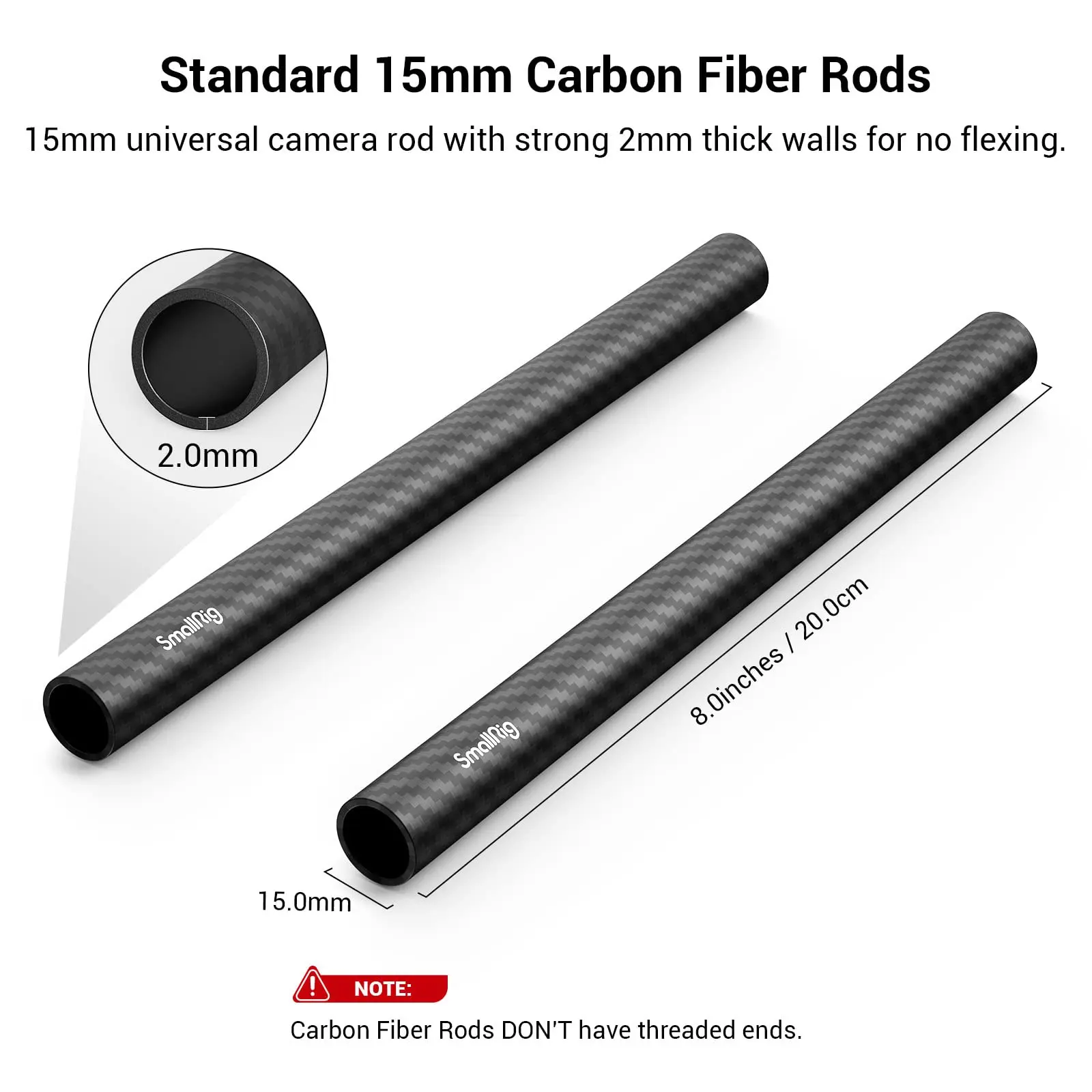 SmallRig 15mm Carbon Fiber Rod for 15mm Rod Support System (Non-Thread), 20cm 8 inches Long, Pack of 2 - 870