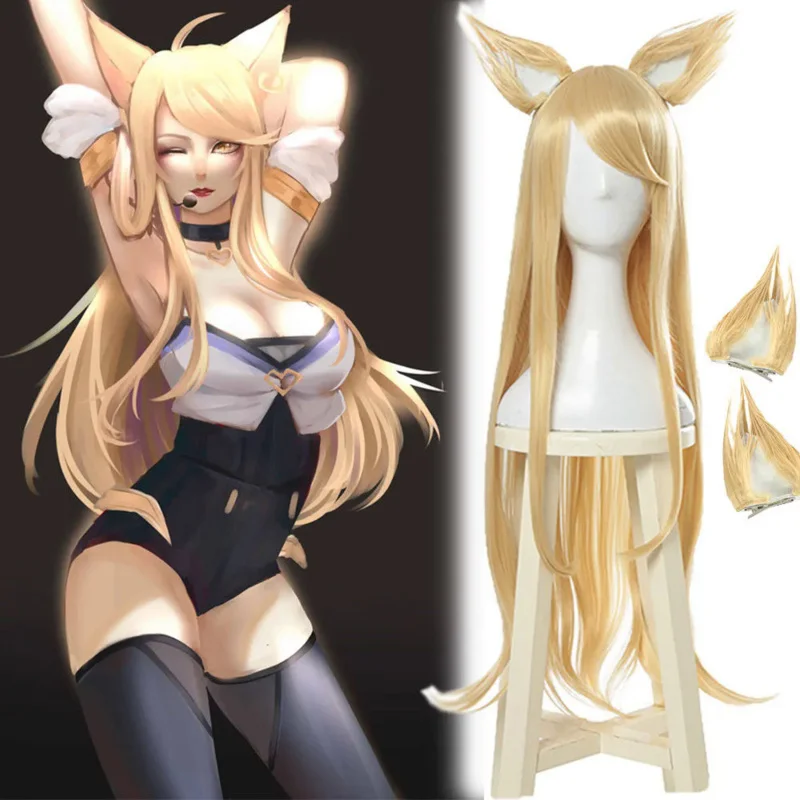 

LOL KDA Ahri Cosplay Wig Long Straight Golden Blonde Hair Wig With Ears Full Set