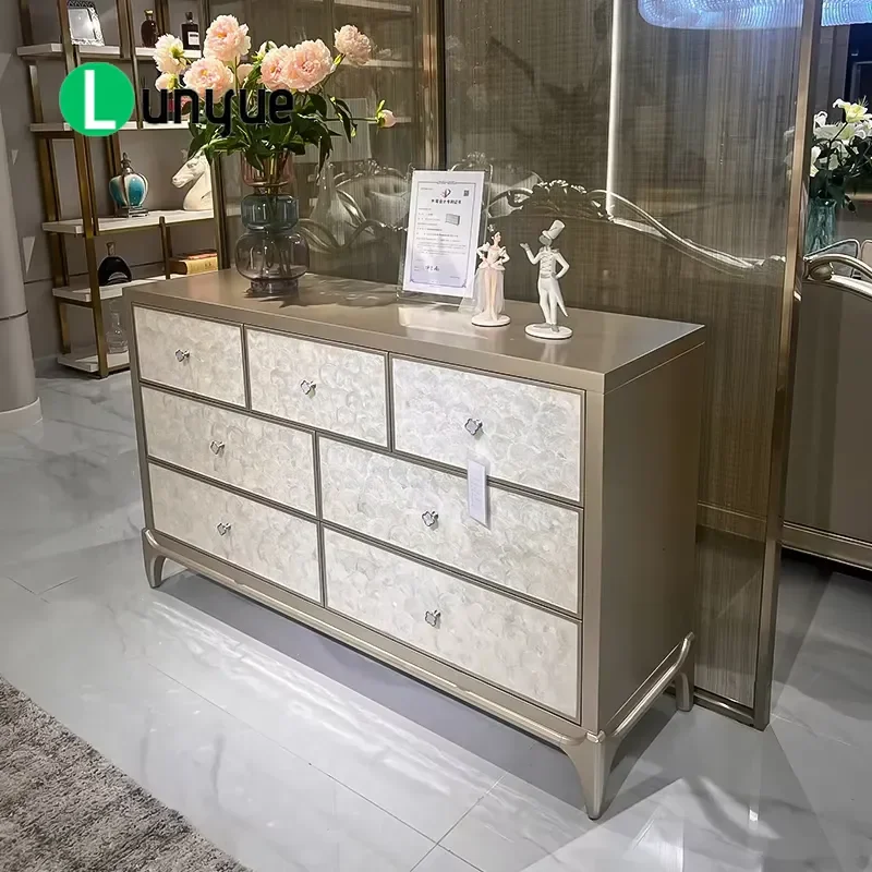 Custom Luxury Mother of Pearl Inlay Solid Wood Dresser Sideboard for Bedroom Living Room Storage Furniture Elegant Home Decor