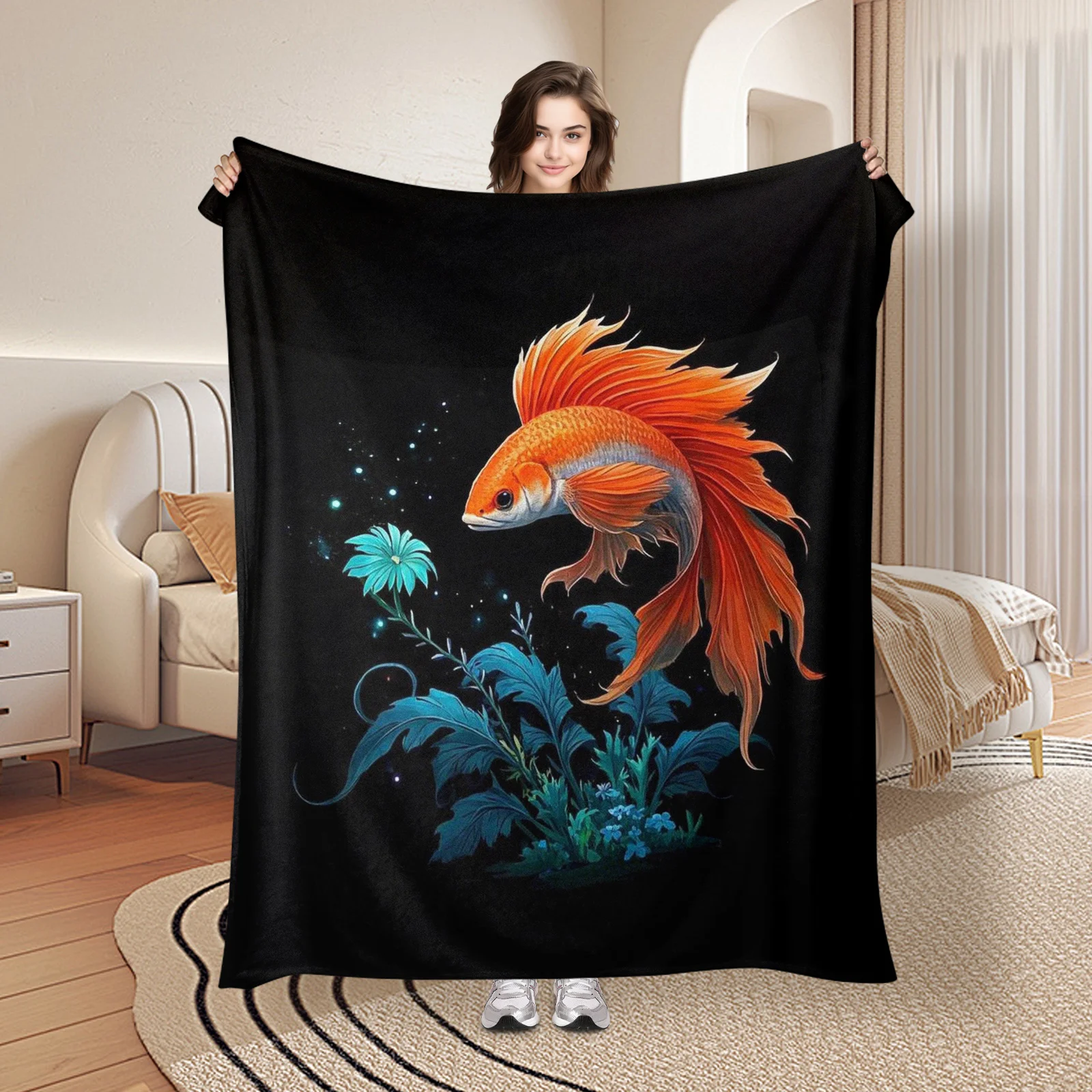 

Elegant Betta Fish Blanket Black Background Design Floral Botanical Theme Throw For Home Decor Gift Idea Stunning Aquatic Art