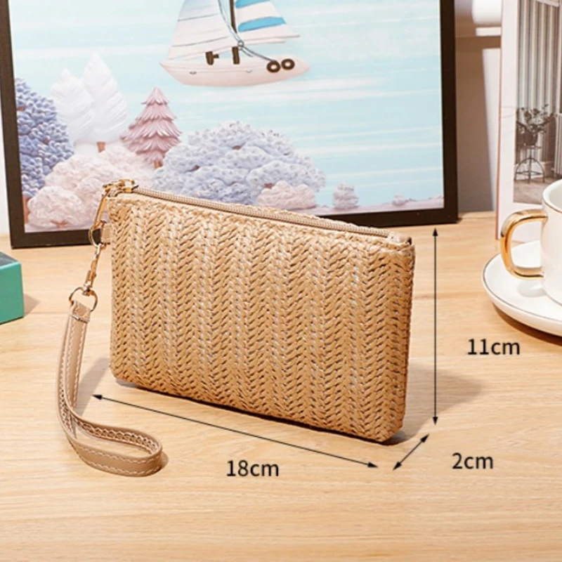 Weving Stro Clutch Bag Met Polsband Mode Boho Rits Kleine Munt Portemonnees Grote Capaciteit Vrouwtjes Telefoon Portemonnee Make-Up Tas