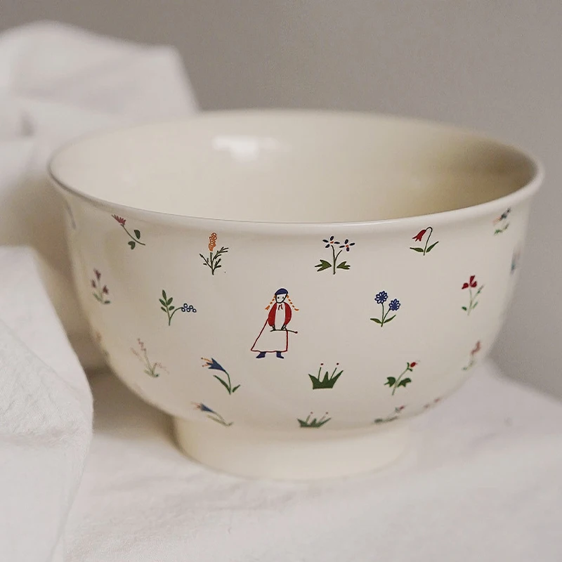 Cute Style High-Capacity Ceramics 1100ml Breakfast Fruit Salad Bowl High Temperature Printing Home Kitchen Gourmet Container