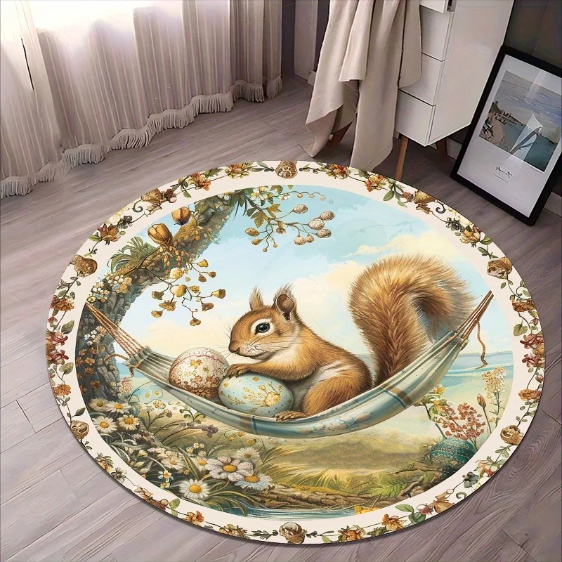 Cute Squirrel Farm Flannel-printed round floor mats are slip-resistant Suitable for living room bedroom terrace garden carpets