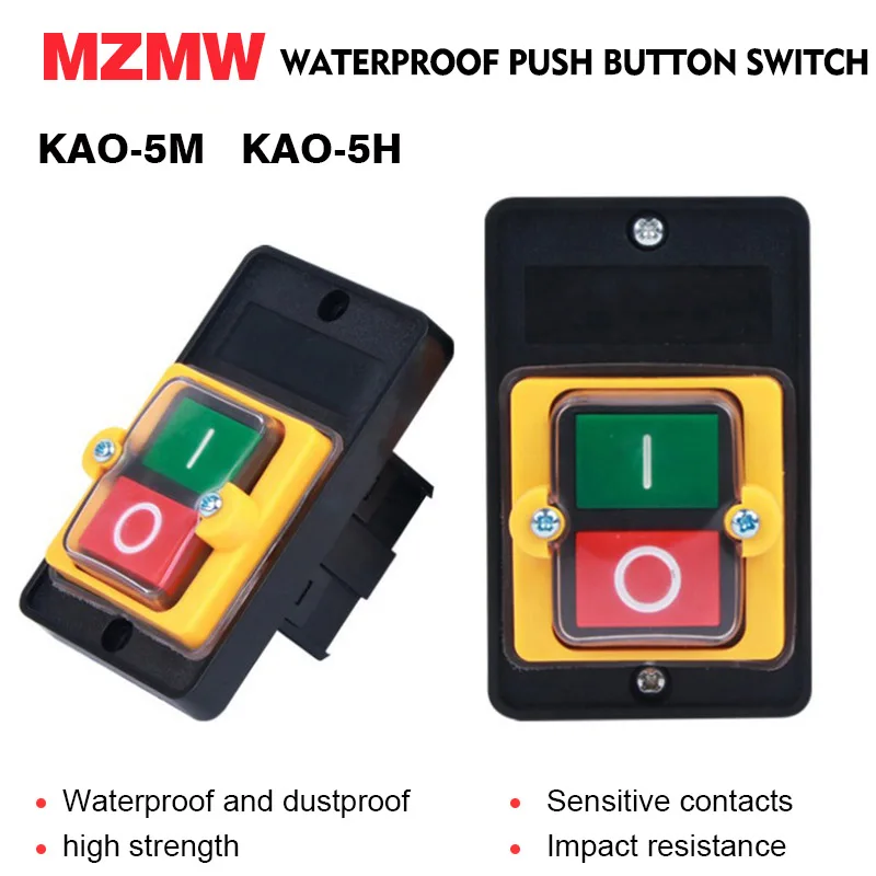 MZMW Waterproof Push Button Switch KAO-5H KAO-5M 220VAC/380VAC 10A Control Button for Bench Drill Cutting Machine on/ Off Switch