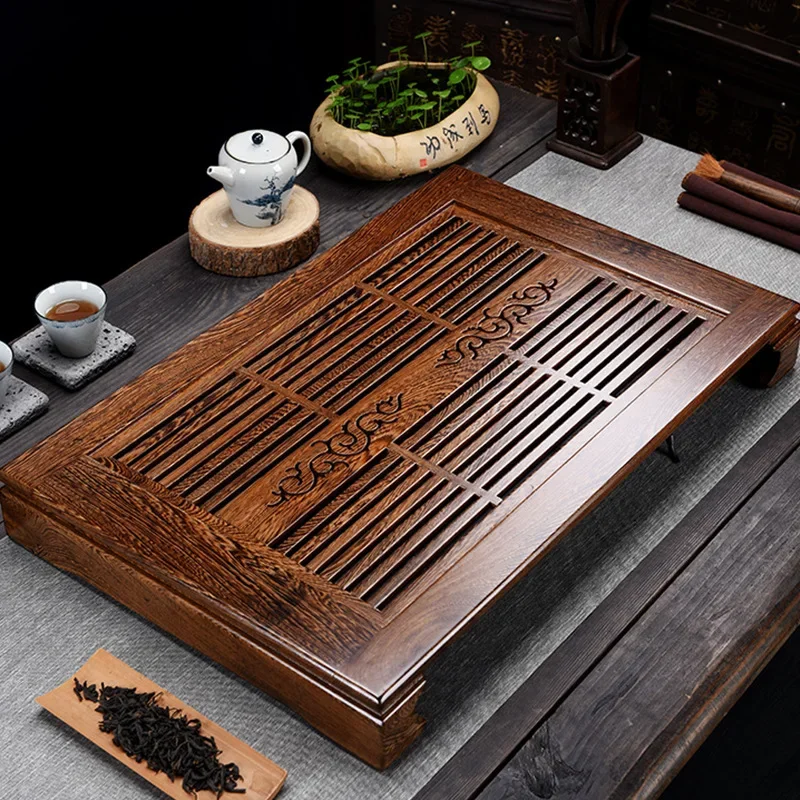 tray Solid wood household tea table Chicken wing wood drainage tray Water storage drawer size sea Kung Fu set