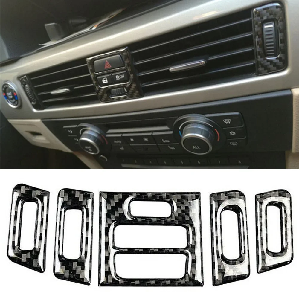 For BMW E90 E92 E93 Interior Accessory 5pcs Car Auto Carbon Fiber Interior Sticker Central Air Vent Outlet Trims NEW