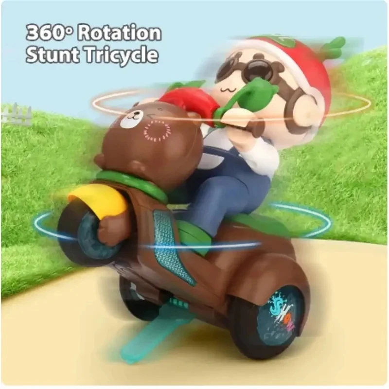 Cartoon Bear Electric Motorcycle Model Stunt 360 ° Rotating Children Toys Household Ornament Motorbike Toys for Motorcycle Fans