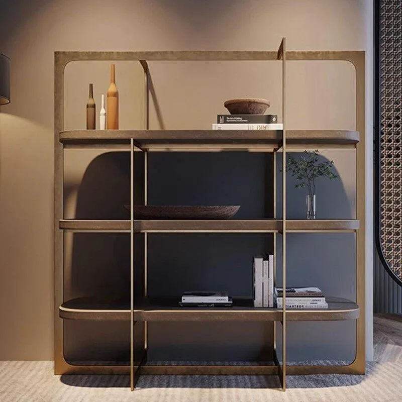 Home Italian stainless steel bookshelf floor-to-ceiling minimalist study shelf custom office storage rack light luxury multi-lay