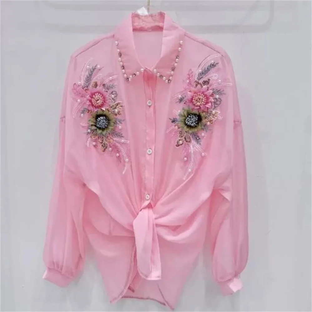 spring and summer new Three dimensional flower sun protection shirt women's nail bead diamond blouse