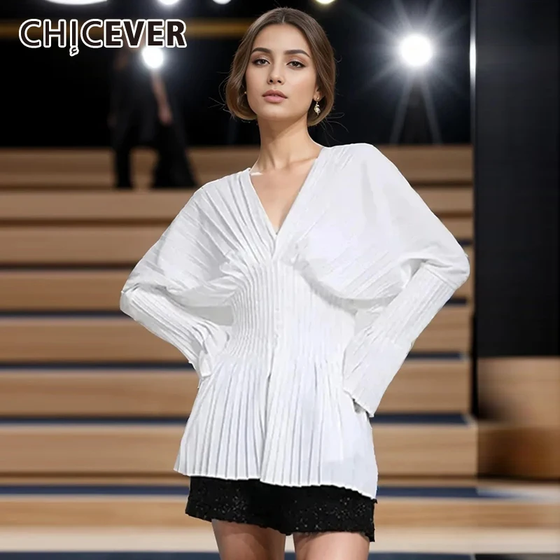 

CHICEVER Patchwork Pleated Temperament Shirts V Neck Flare Sleeve High Waist Solid Elegant Slimming Blouses Female Clothing New