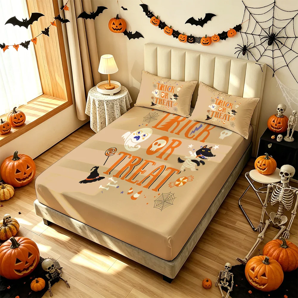 3PCS Halloween TRICK OR TREAT Print Duvet Cover Set NO FILLING, 1 Duvet Cover + 2 Pillowcases, Soft Machine Washable Bedding