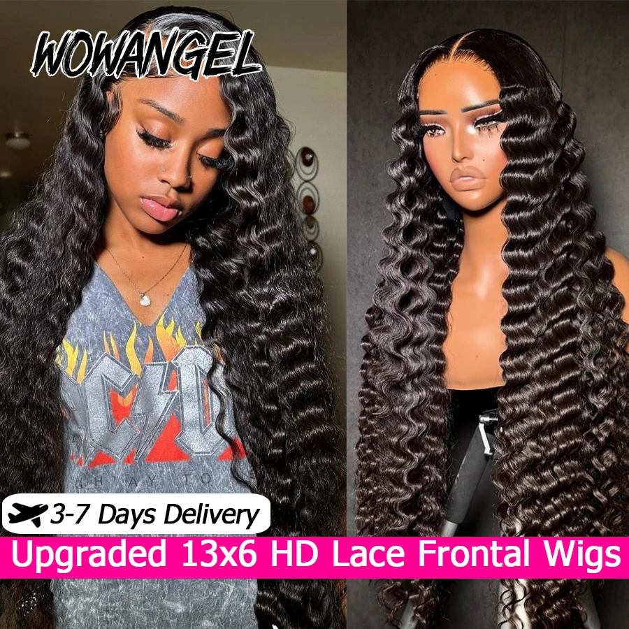 Wow Angel Deep Wave 13x6 HD Lace Frontal Wigs 250% Jet Black HD Lace Front Human Hair Wigs Skinlike Natural Hairline Remy hair