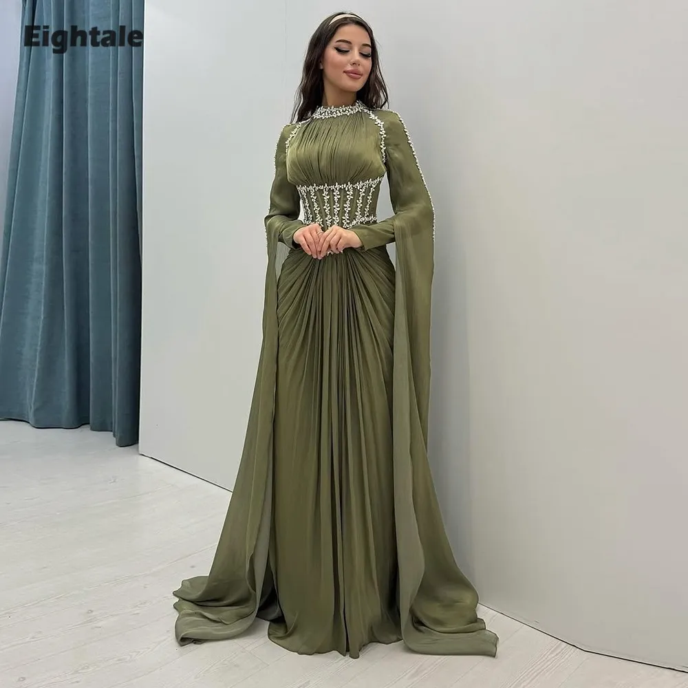 فستان سهرة أخضر عسكري من Eightale برقبة عالية مخصص مطرز عربي للحفلات الراقصة من الساتان بأكمام طويلة لحفلات الزفاف فيستدوس دي غالا