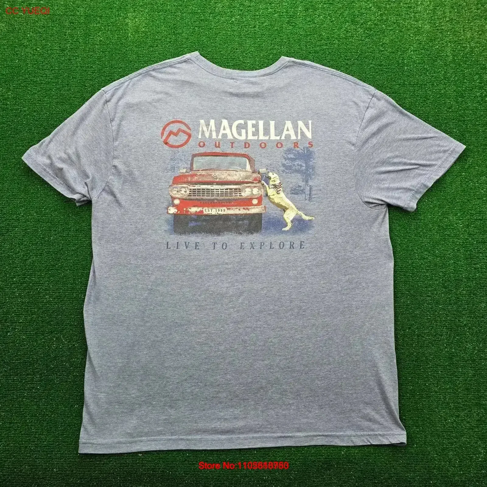 Camiseta Magellan para hombre, talla grande, azul, con estampado de camioneta pickup y perro, estilo vintage lavado, ropa casual de diseñador