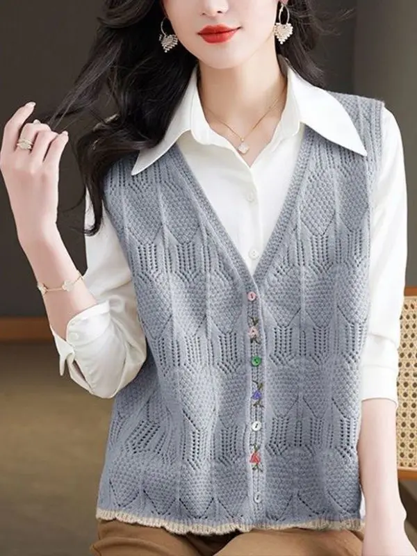 Women's V-Neck Open Cardigan Style Sleeveless Knitted Vest Loose Slimming Spring Autumn New Loose Fit All-Match Outerwear