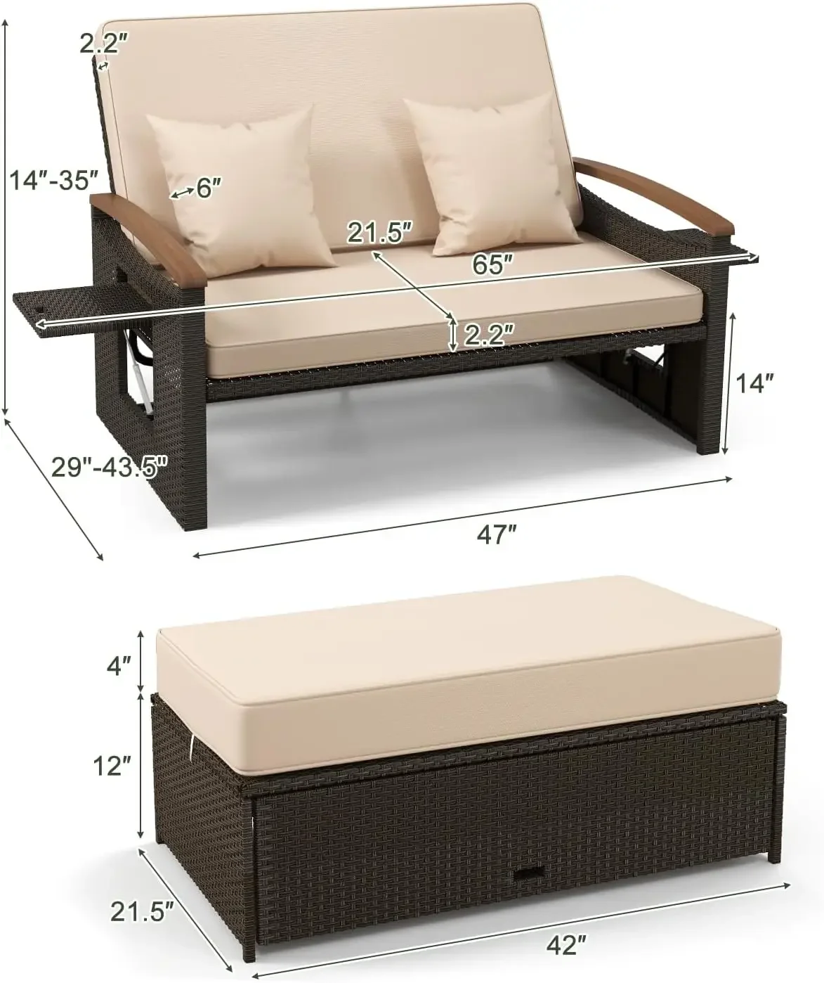 Patio Rattan Daybed, Outdoor Loveseat Sofa with Storage Ottoman | 4-Level Adjustable Backrest & Acacia Wood Armrest, Outdoor Wic